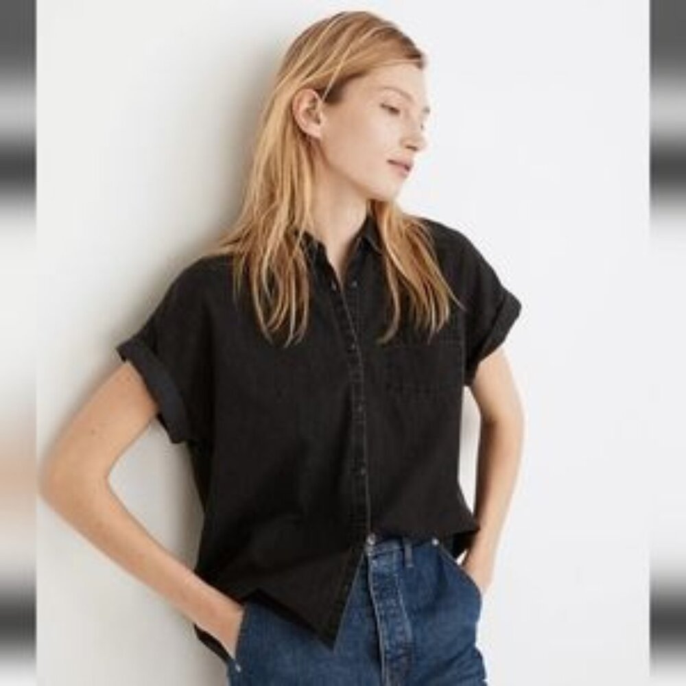 Madewell Lunar Wash Denim Rolled Sleeve Button Front Shirt Size Large